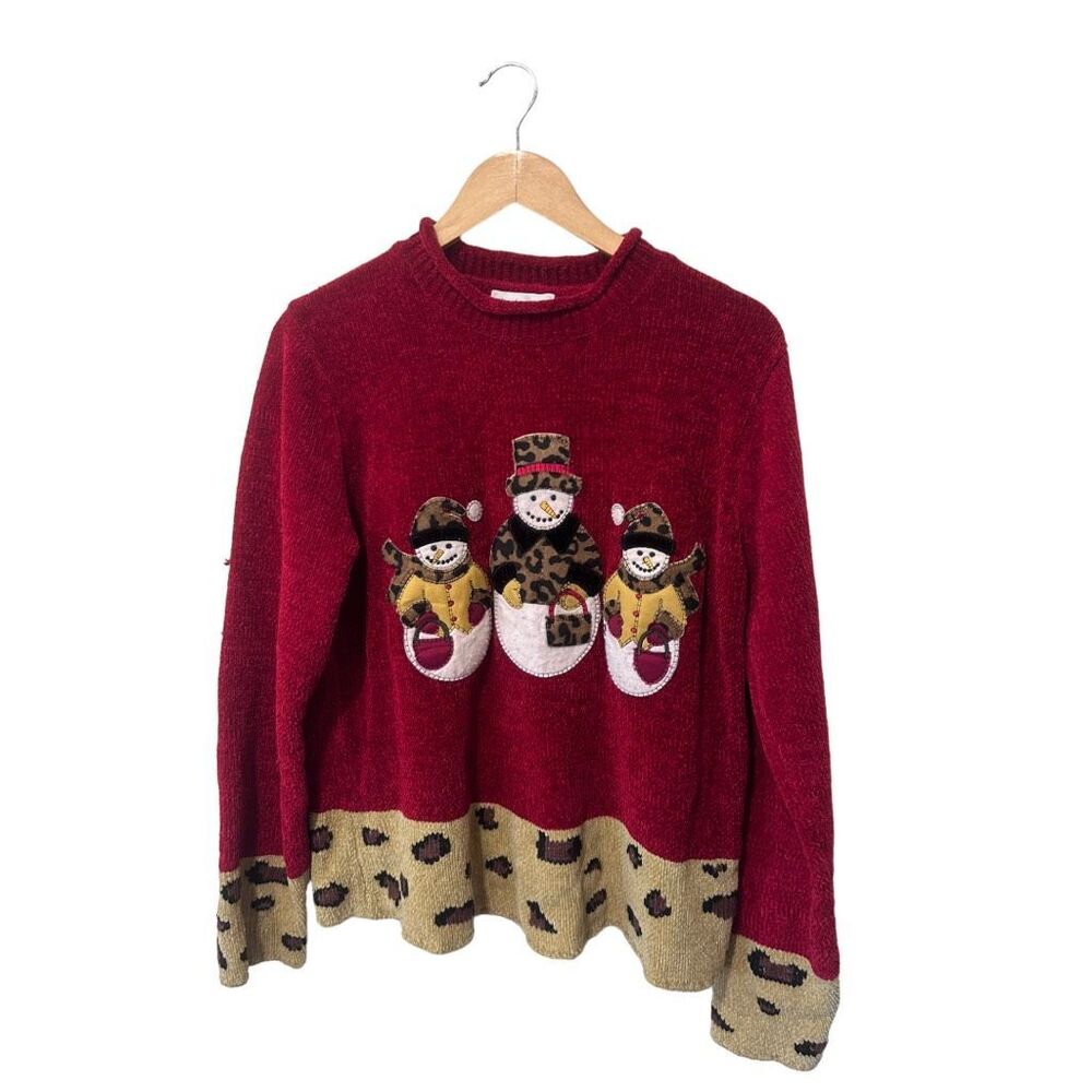 Chadwick’s Vintage Red Cheetah Snowman Christmas Chenille Sweater Size L